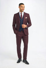 Men's Burgundy Checked Tailored Suit with Contrasting Navy Waistcoat