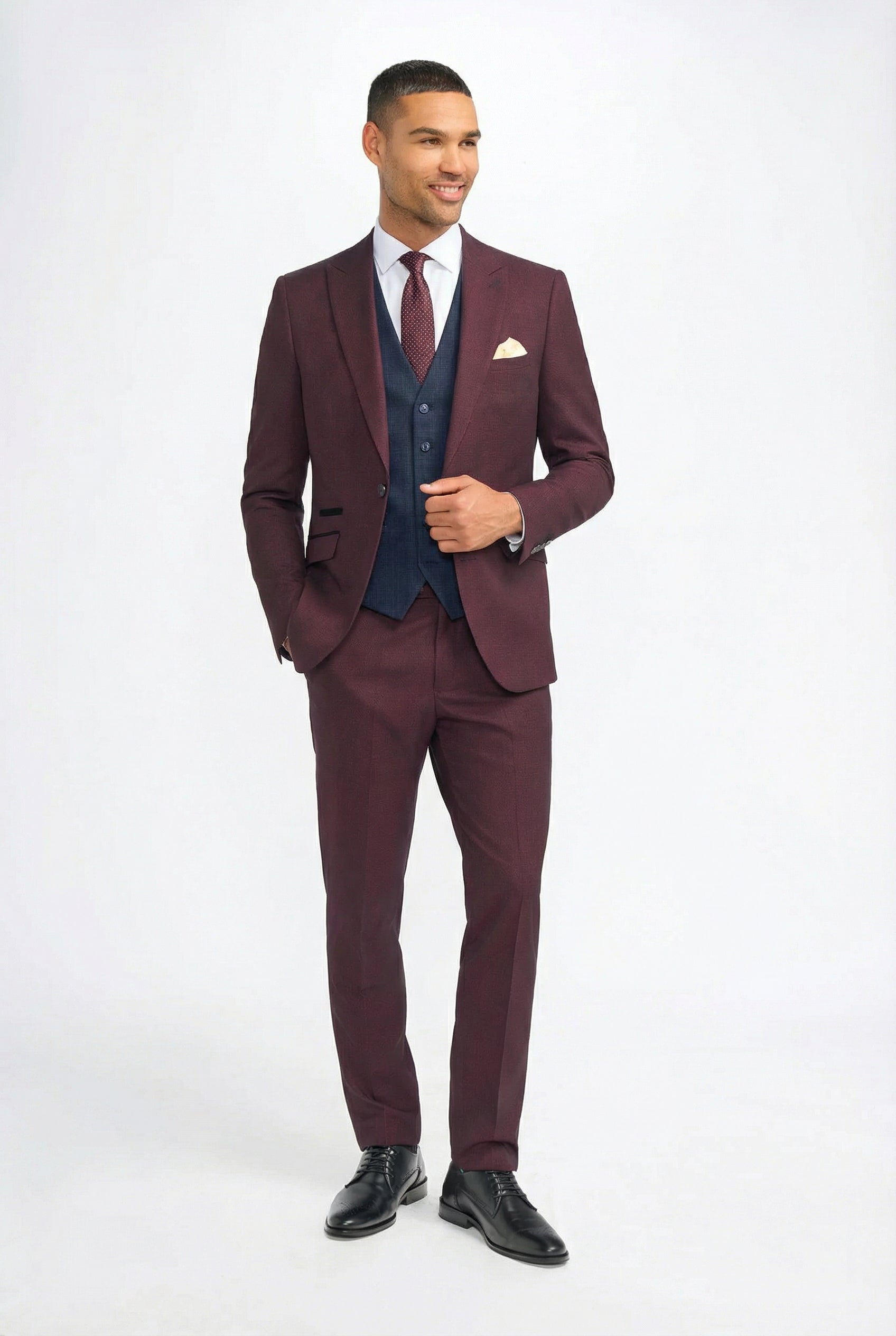 Men's Burgundy Checked Tailored Suit with Contrasting Navy Waistcoat