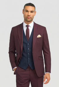 Men's Burgundy Checked Tailored Suit with Contrasting Navy Waistcoat