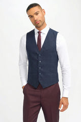 Men's Burgundy Checked Tailored Suit with Contrasting Navy Waistcoat
