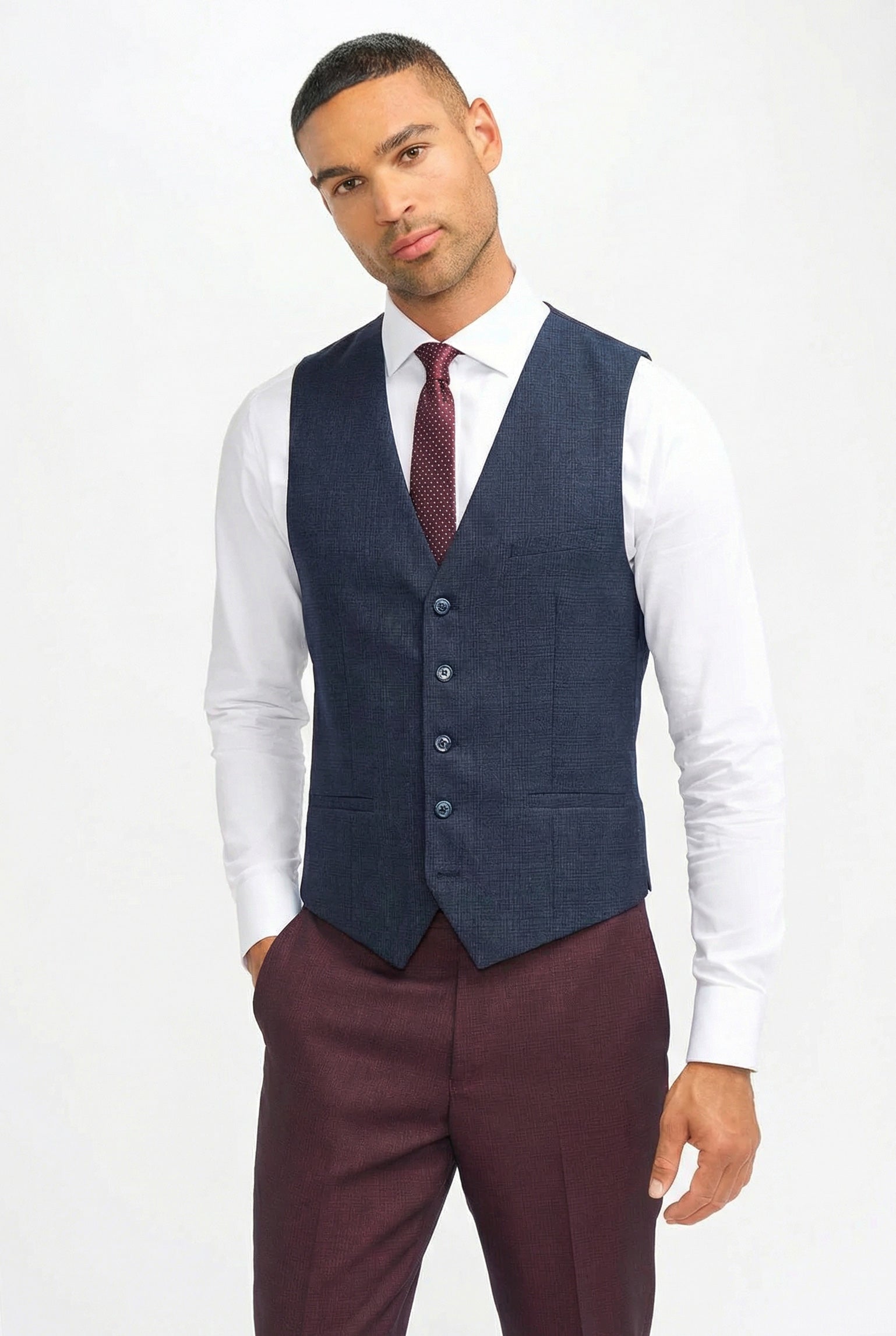 Men's Burgundy Checked Tailored Suit with Contrasting Navy Waistcoat
