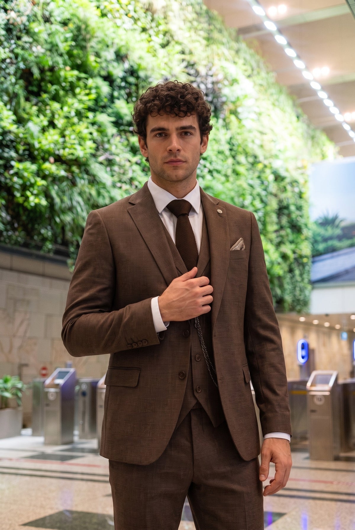 Look #567 styled with TP-50 - Men's Brown 3 Piece Prince Of Wales Check Suit