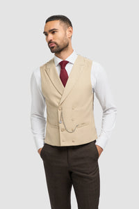Men's Brown Tweed Check 3-Piece Suit | Cream Double-Breasted Waistcoat