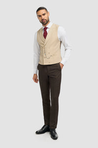 Men's Brown Tweed Check 3-Piece Suit | Cream Double-Breasted Waistcoat