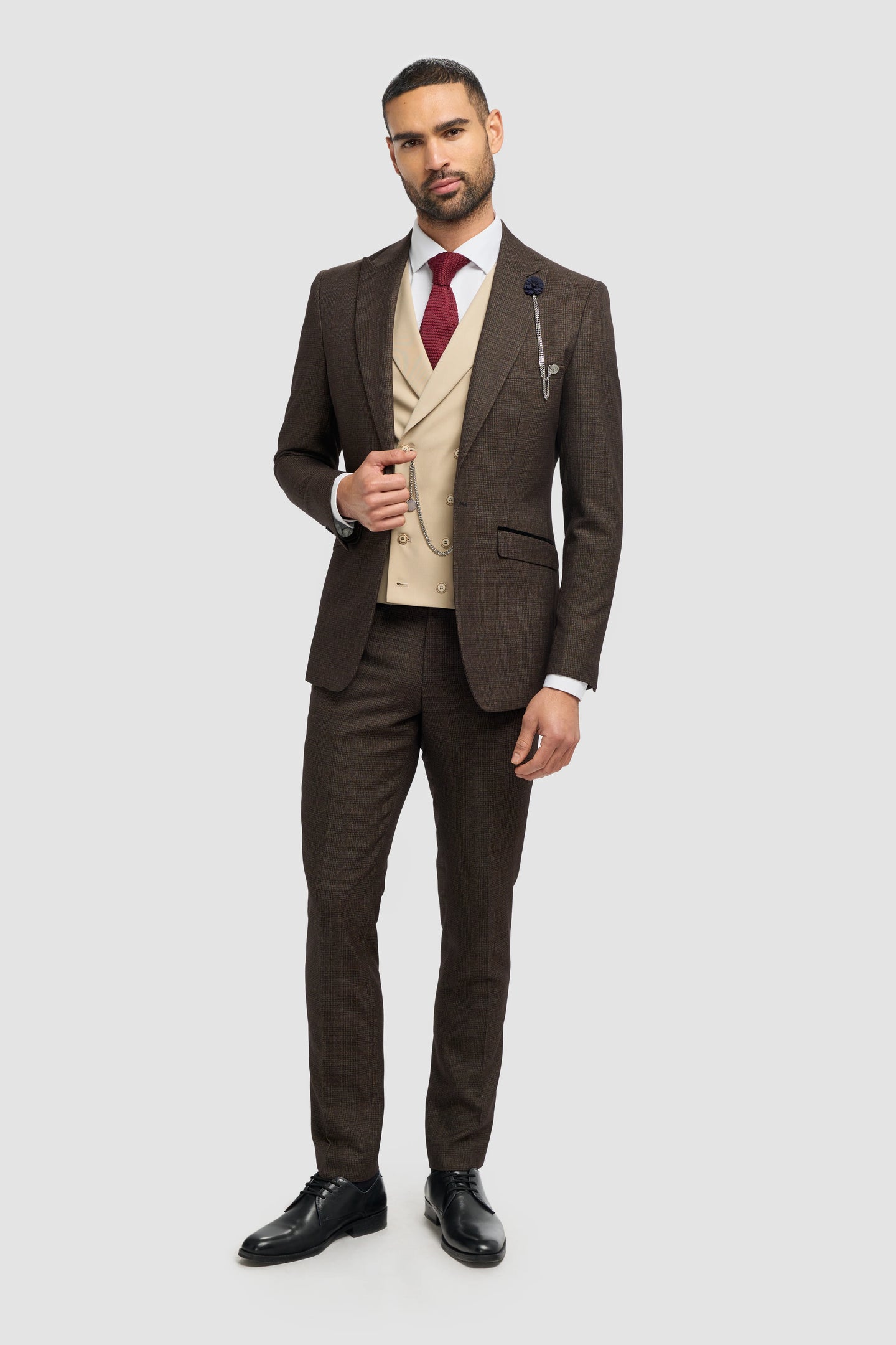 Men's Brown Tweed Check 3-Piece Suit | Cream Double-Breasted Waistcoat