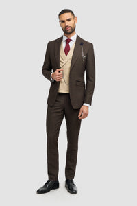 Men's Brown Tweed Check 3-Piece Suit | Cream Double-Breasted Waistcoat