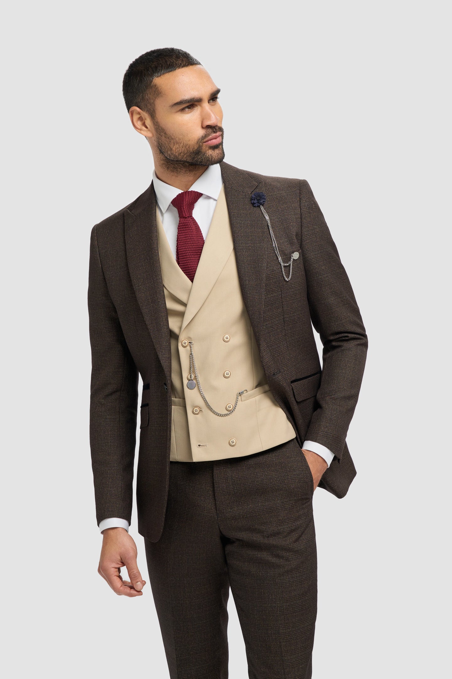 Men's Brown Tweed Check 3-Piece Suit | Cream Double-Breasted Waistcoat