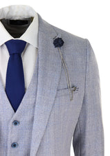 Mens 3 Piece Check Suit Tweed Light Blue Tailored Fit Wedding Peaky Classic