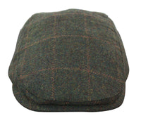 Cavani Kempson Flat Cap - Mens Tweed Wool Check Grandad Hat Vintage - Olive Green/Navy Blue