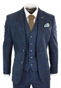 Cavani Carnegi - Mens 3 Piece Navy Blue Tweed Check 1920's Vintage Suit