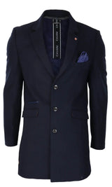 Cavani Mens Classic 3/4 Length Navy Overcoat
