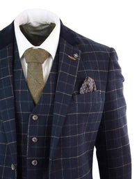Cavani Shelby - Mens Navy Blue 3 Piece Herringbone Check Suit Vintage Retro Peaky Blinders Tweed