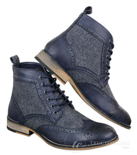 Cavani Sherlock - Mens Leather & Tweed Herringbone Ankle Boots