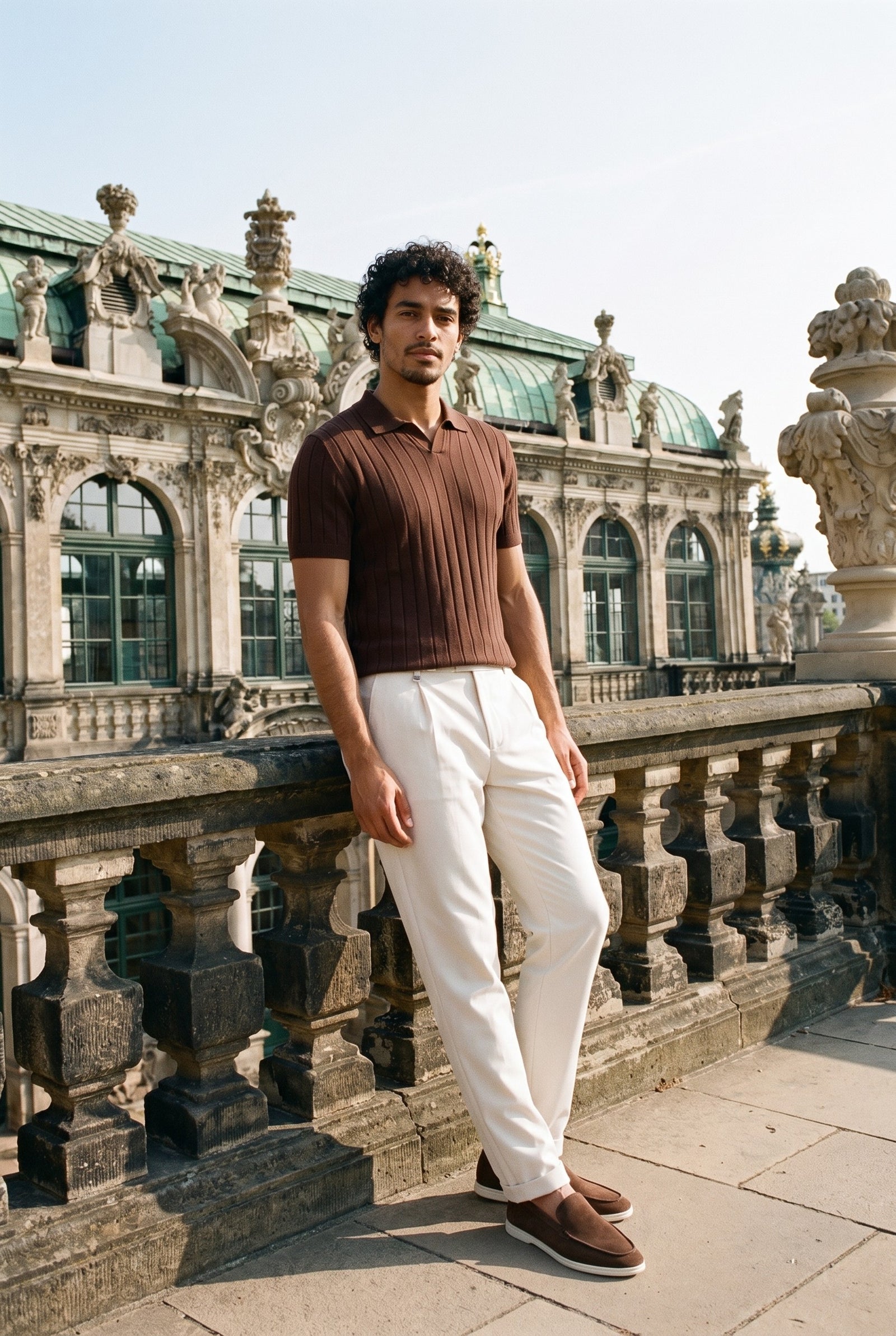 Look #1027 styled with Men’s Brown Ribbed Knit Polo Shirt