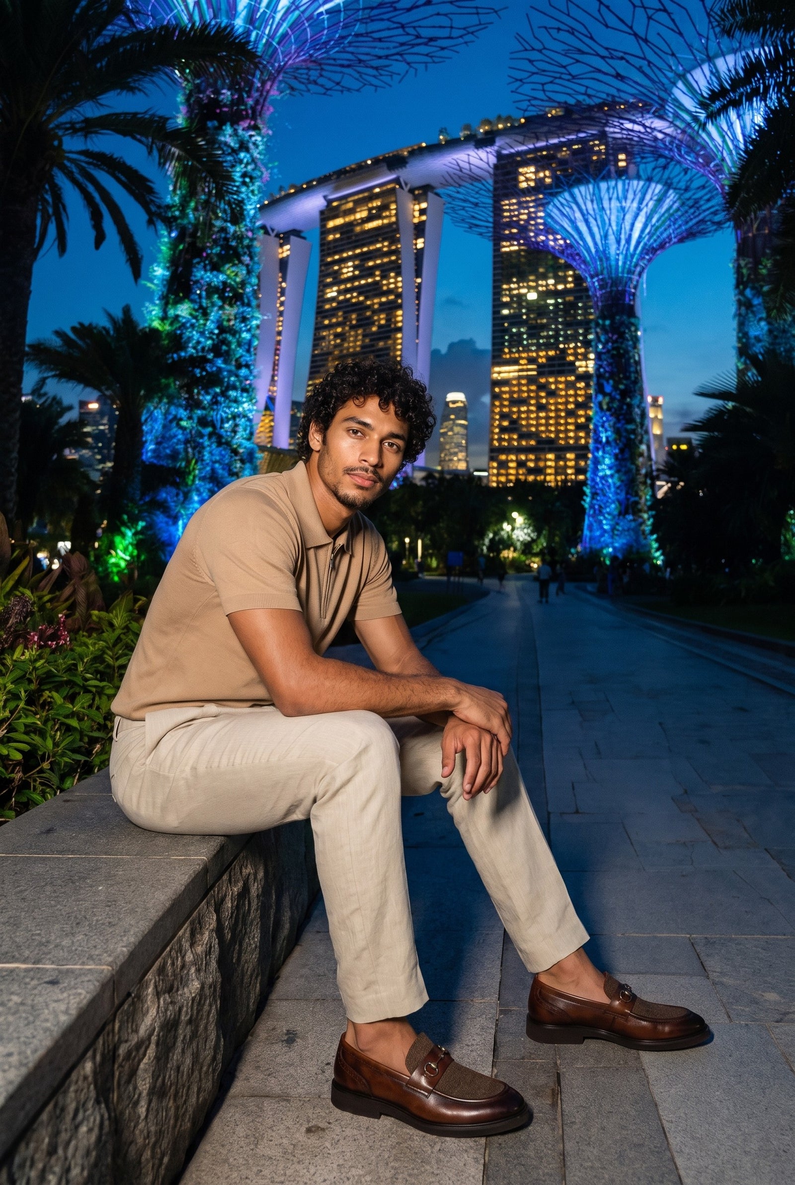 Look #1028 styled with Men’s Beige 100% Linen Pleated Drawstring Trousers Relaxed Straight Fit