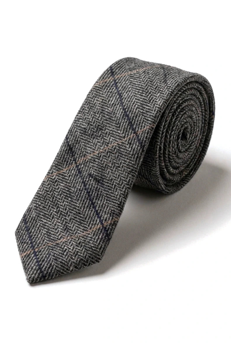 Charcoal Grey Check Tweed Tie with Hankie and Tie Clip - Charcoal Grey