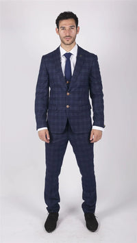 Mens Marc Darcy Blue Check Prince Of Wales 3 Piece Suit Smart Casual Slim Fit Chigwell