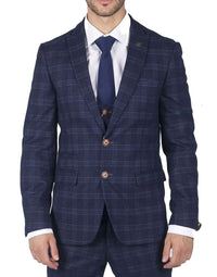 Mens Marc Darcy Blue Check Prince Of Wales 3 Piece Suit Smart Casual Slim Fit Chigwell