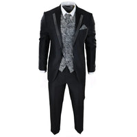 Men's Black 3-Piece Wedding Suit with Silver Cravat and Embellished Waistcoat