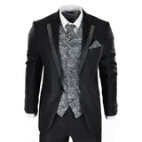 Men's Black 3-Piece Wedding Suit with Silver Cravat and Embellished Waistcoat