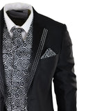 Men's Black 3-Piece Wedding Suit with Silver Cravat and Embellished Waistcoat