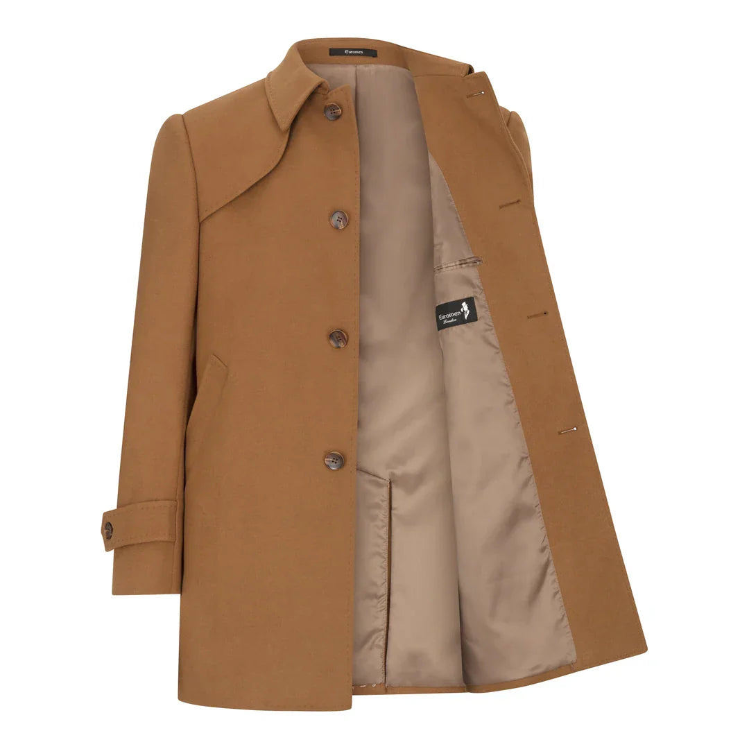 Men's Wool 3/4 Camel Tan Overcoat Classic Button Down Collar Shoulder Patch