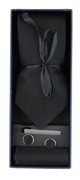 Satin Silk Black Tie Gift Set Pocket Square Cuff Links Tie Shiny Satin