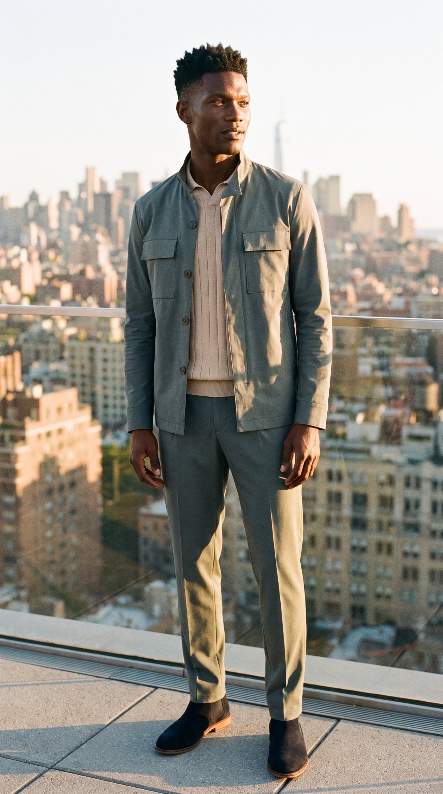 Look #404 styled with Men’s Sage Green Cotton Blend Safari Jacket & Beige Trousers Set Smart Casual Outfit