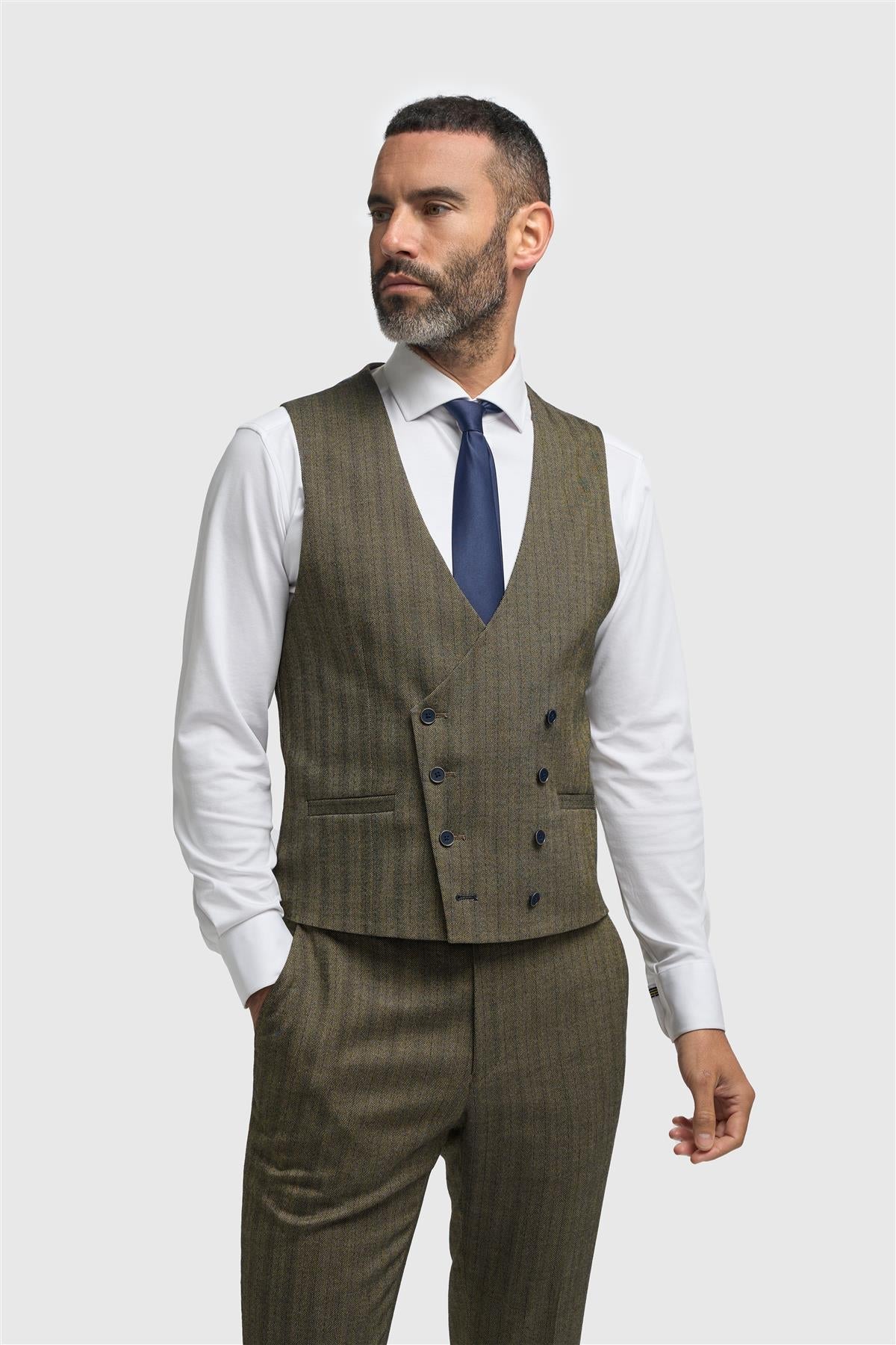 Damon - Men's Olive Green Double Breasted Waistcoat