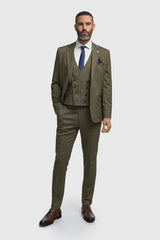 Men's Olive Green 3 Piece Herringbone Tweed Suit