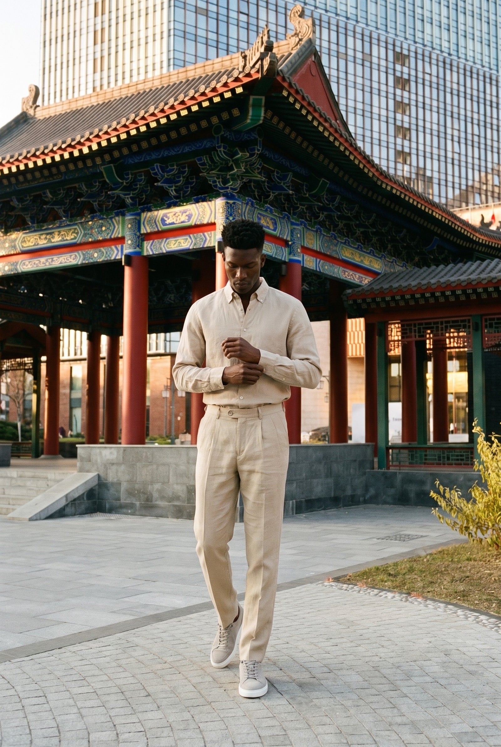 Look #873 styled with Men’s Beige 100% Linen Pleated Drawstring Trousers Relaxed Straight Fit