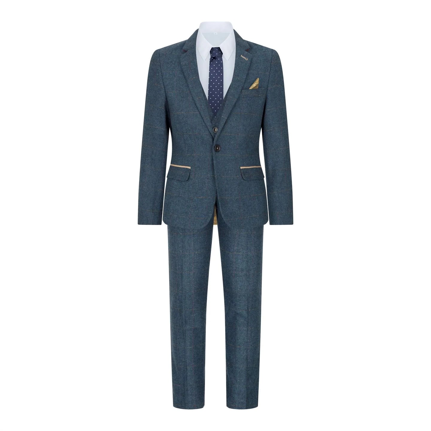 Boys Blue 3 Piece Herringbone Tweed Check Vintage Tailored Fit Suit