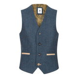 Boys Blue 3 Piece Herringbone Tweed Check Vintage Tailored Fit Suit