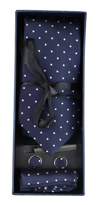 Dotted Navy Neck Tie Gift Set Pocket Square Cuff Links Tie Pin Polka Dot Satin
