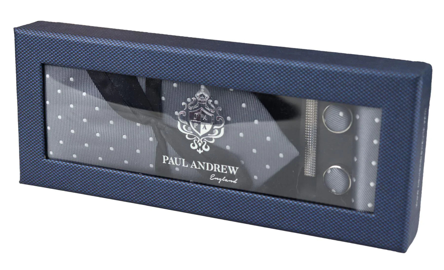 Dotted Silver Neck Tie Gift Set Pocket Square Cuff Links Tie Pin Polka Dot Satin