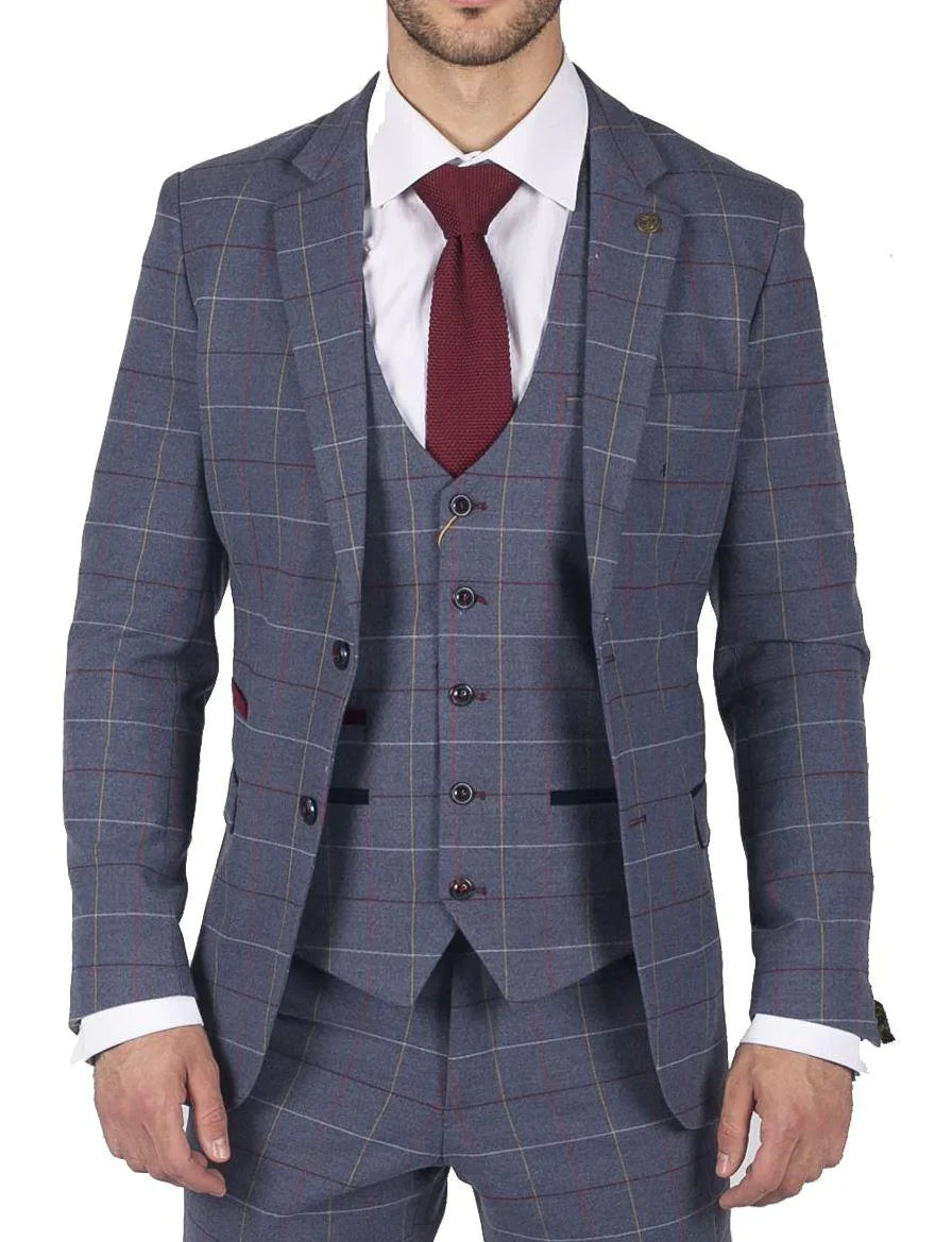 Mens Marc Darcy Blue Grey Red Check Blazer Smart Casual Tweed Slim Fit Drake