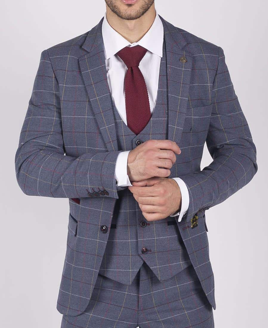 Mens Marc Darcy Blue Grey Red Check Blazer Smart Casual Tweed Slim Fit Drake