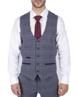Mens Marc Darcy Blue Grey Red Check Waistcoat Smart Casual Tweed Slim Fit Drake