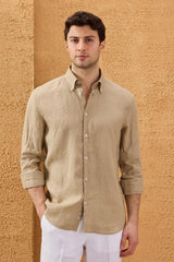 Men’s Dark Beige Pure Linen Shirt Long Sleeve Button-Down Summer Shirt