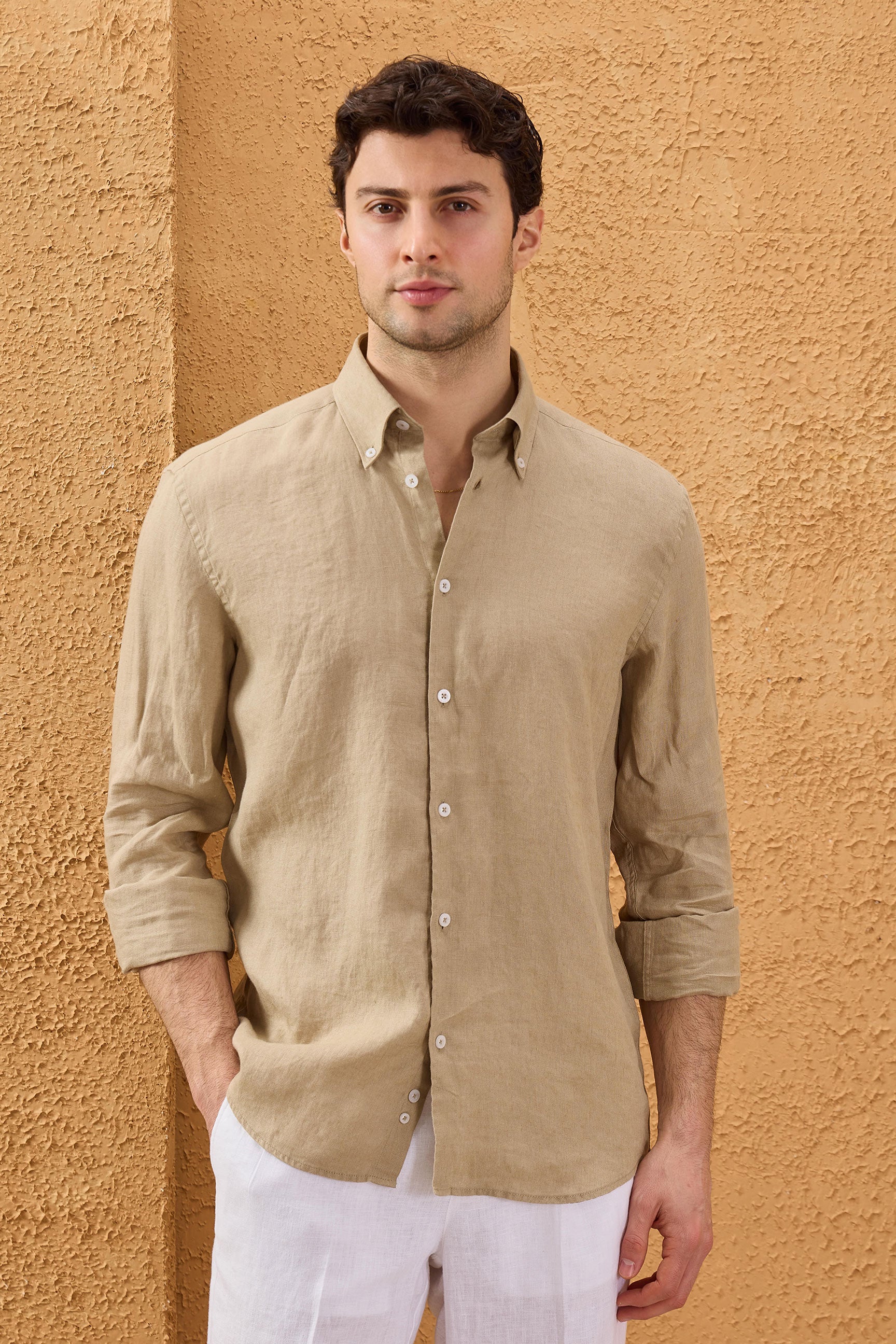 Men’s Dark Beige Pure Linen Shirt Long Sleeve Button-Down Summer Shirt