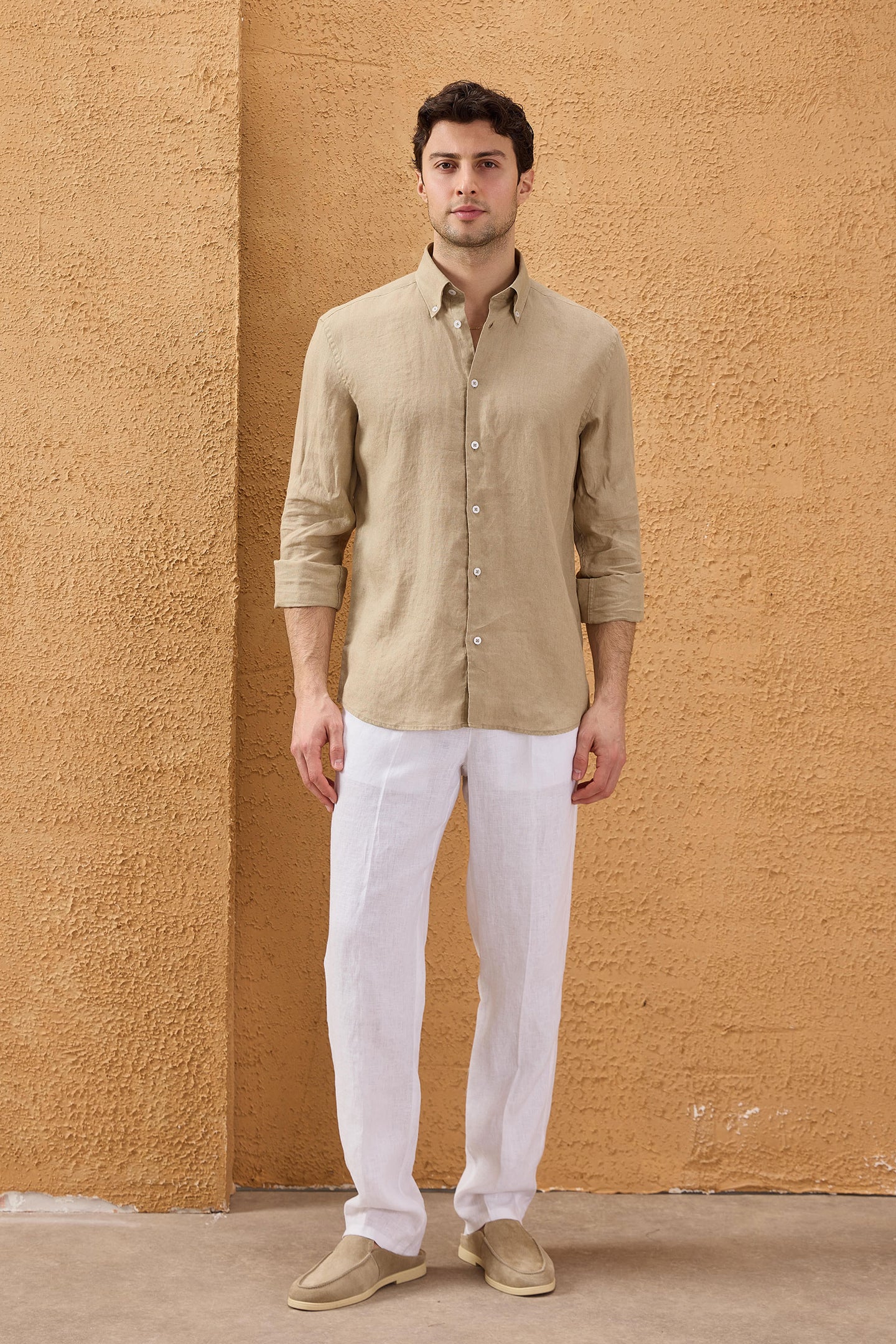 Men’s Dark Beige Pure Linen Shirt Long Sleeve Button-Down Summer Shirt