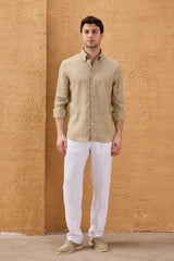 Men’s Dark Beige Pure Linen Shirt Long Sleeve Button-Down Summer Shirt