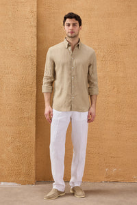 Men’s Dark Beige Pure Linen Shirt Long Sleeve Button-Down Summer Shirt