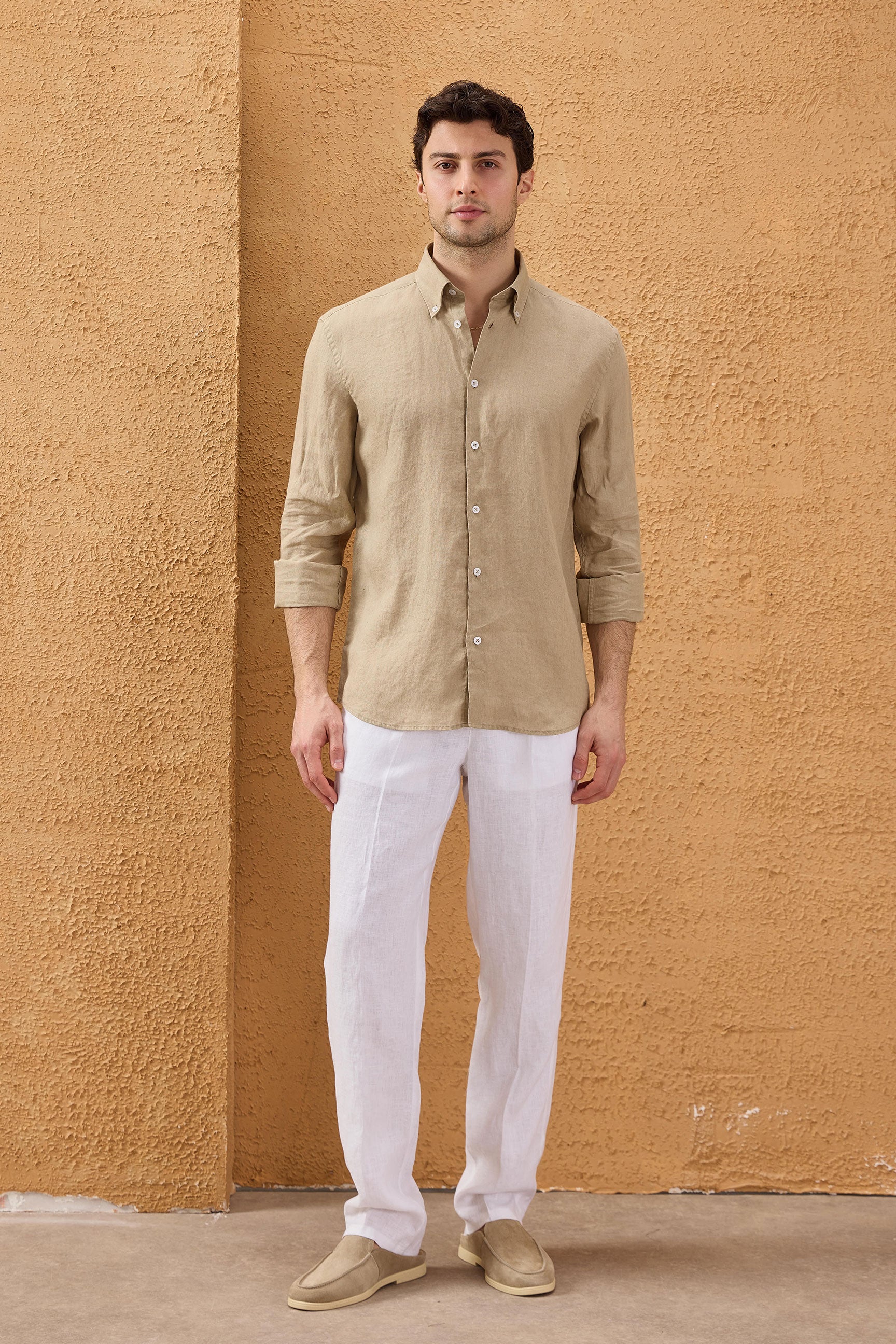 Men’s Dark Beige Pure Linen Shirt Long Sleeve Button-Down Summer Shirt