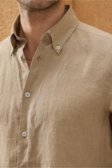 Men’s Dark Beige Pure Linen Shirt Long Sleeve Button-Down Summer Shirt