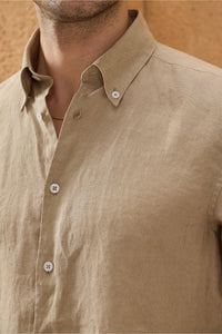 Men’s Dark Beige Pure Linen Shirt Long Sleeve Button-Down Summer Shirt