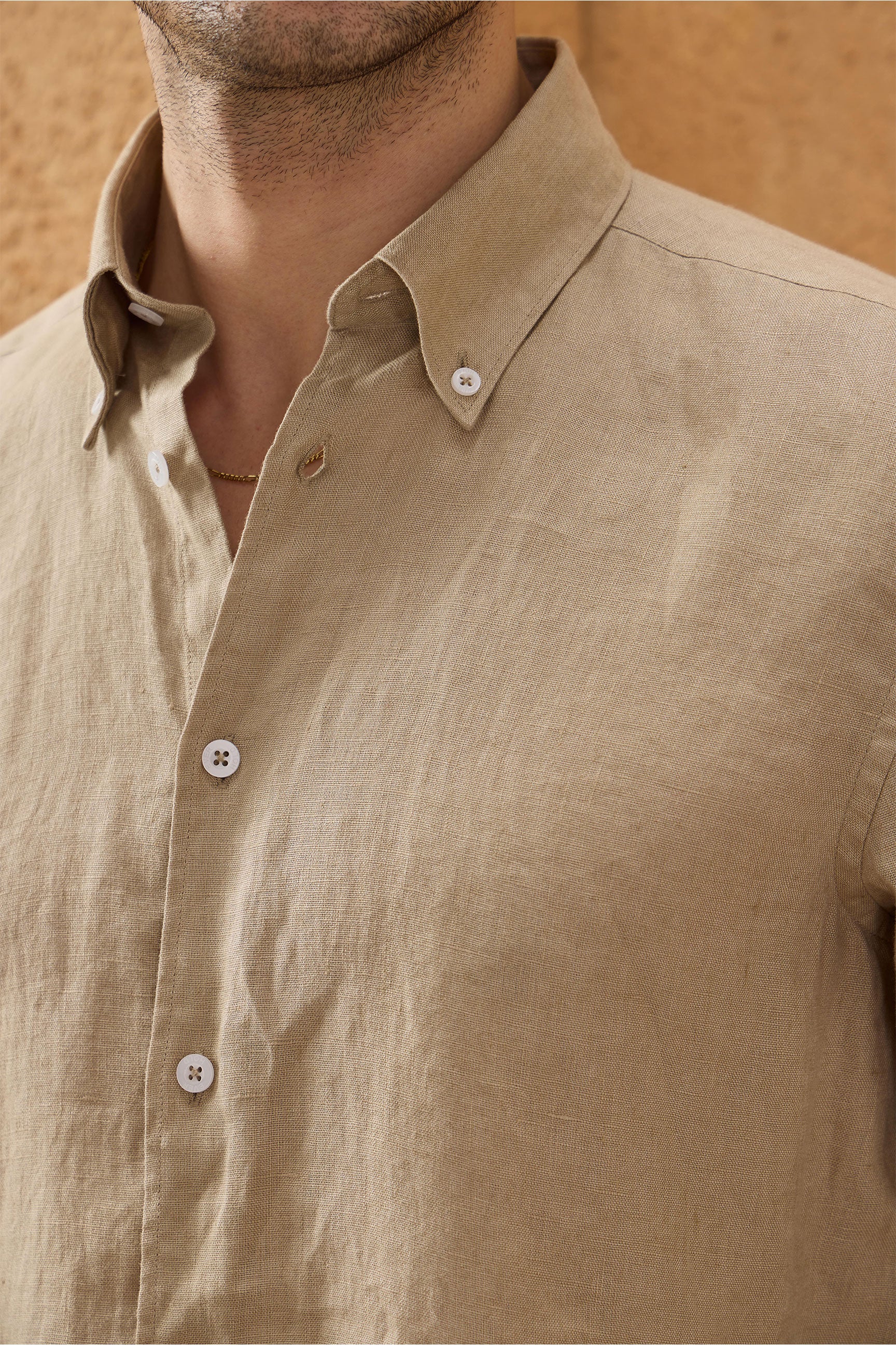 Men’s Dark Beige Pure Linen Shirt Long Sleeve Button-Down Summer Shirt