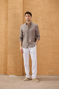 Men’s Light Brown Pure Linen Shirt Long Sleeve Button-Down Summer Shirt