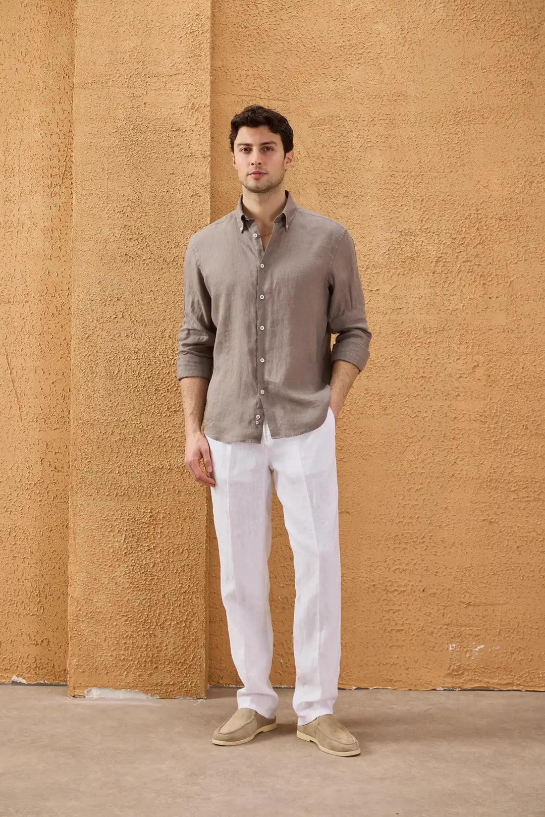 Men’s Light Brown Pure Linen Shirt Long Sleeve Button-Down Summer Shirt