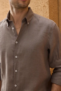 Men’s Light Brown Pure Linen Shirt Long Sleeve Button-Down Summer Shirt